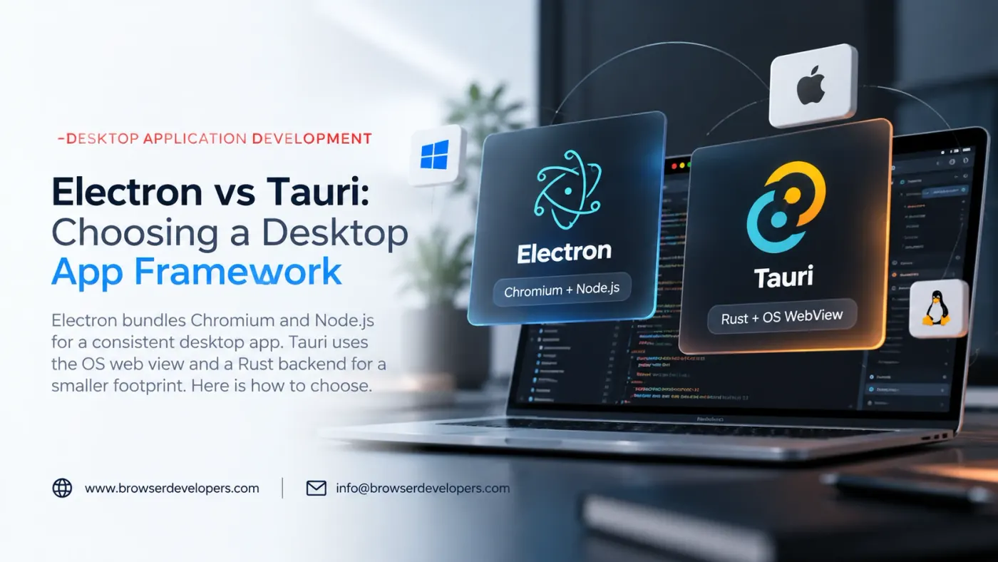 Electron vs Tauri: Electron with Chromium and Node.js next to Tauri with Rust and the OS web view, on a laptop