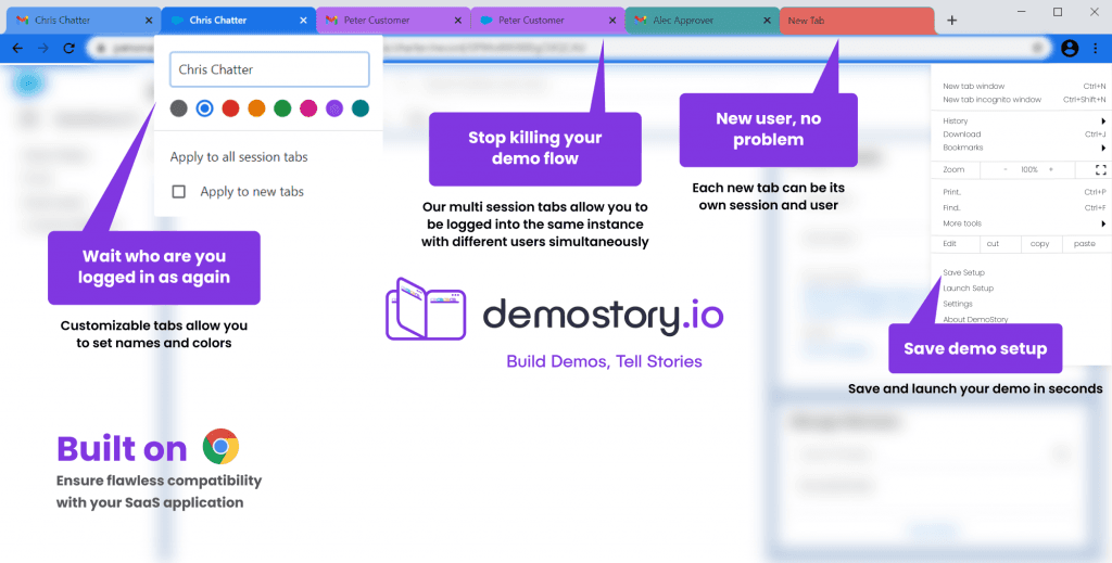 Annotated Demostory browser window showing color-coded session tabs, tab renaming and a Save demo setup menu