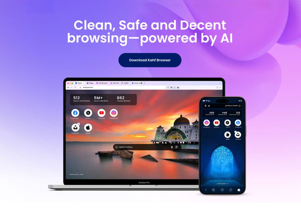 Kahf Browser new-tab page on a laptop and a phone, with counters for blocked ads, sites and trackers