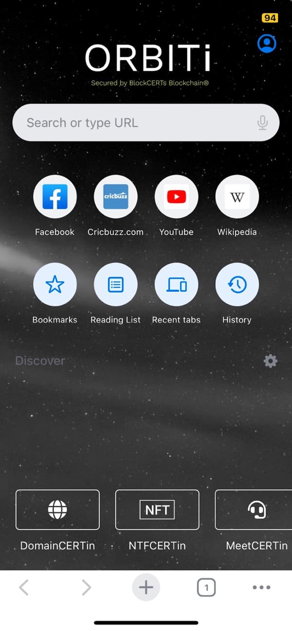ORBITi Browser iPhone home screen with search bar, shortcuts and CERTin app tiles