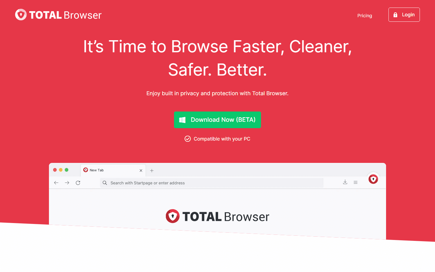 Total Browser homepage showing the headline, a Download (BETA) button and a browser window mockup
