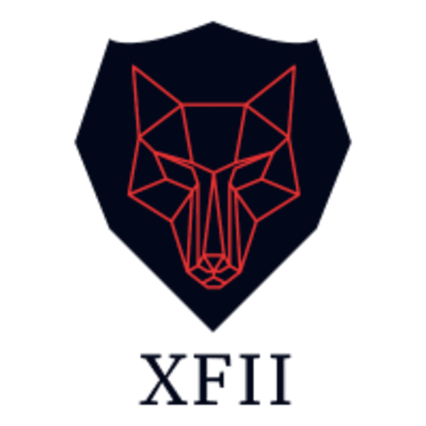 XFII logo, a dark shield with a red wireframe wolf head above the wordmark XFII